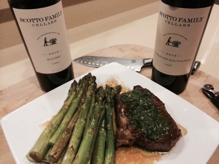 Scotto Family Cellars 2012 Malbec and Cabernet Sauvignon with Roasted Asparagus and Pan Seared New York Strip with Chimichuri